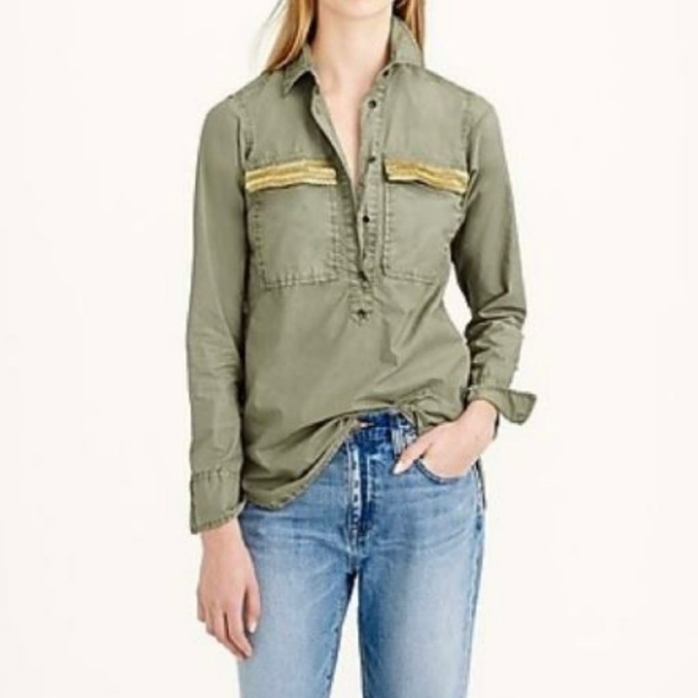 J. Crew Olive Military Green Utility Shirt with Gold Beaded Pocket Detail Size 8
